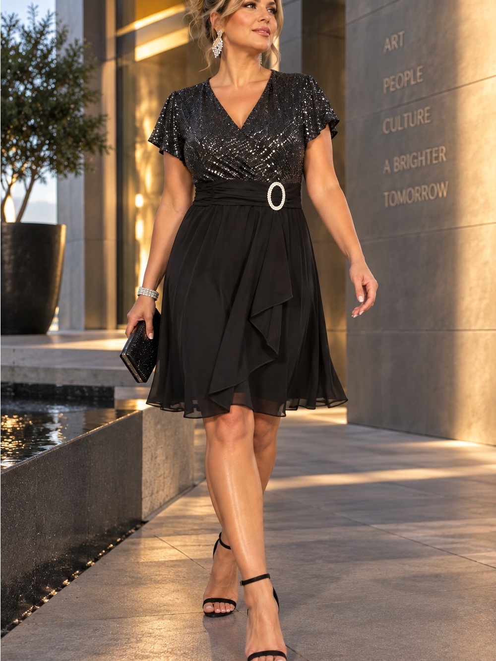 R&M Richards 22W Black Sequin Dress Diamond Buckle Faux Wrap A-Line Stretch Glam
